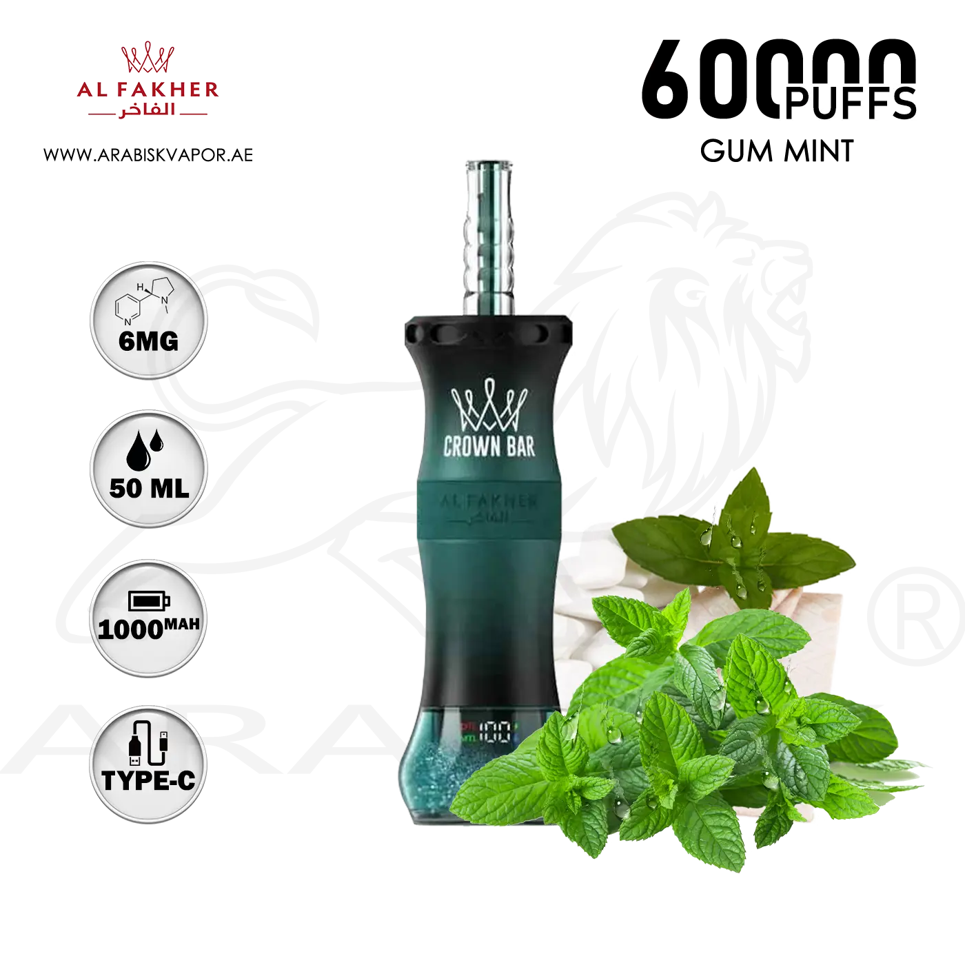 Al Fakher Crown Bar E Hose X 60000 Puffs Mint